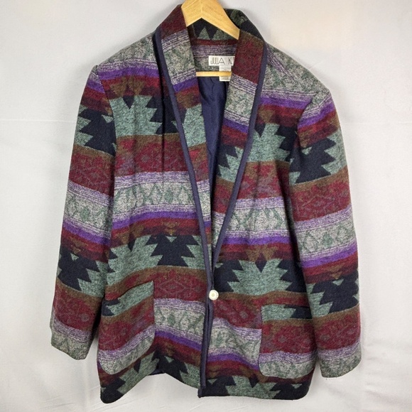 VTG Aztec Southwestern Women's Blanket Jacket Sz 2X Julia Klein Cotton Lined - Picture 1 of 13